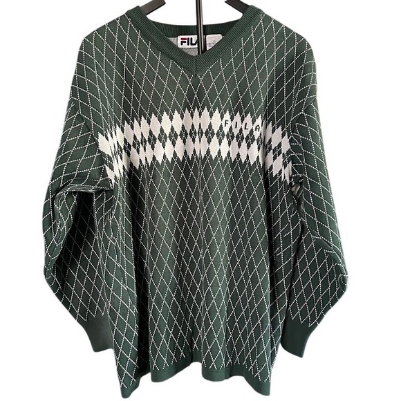 Vintage Fila Argyle V-Neck Sweater Men's XL Green & White Knit Made in Korea 90s